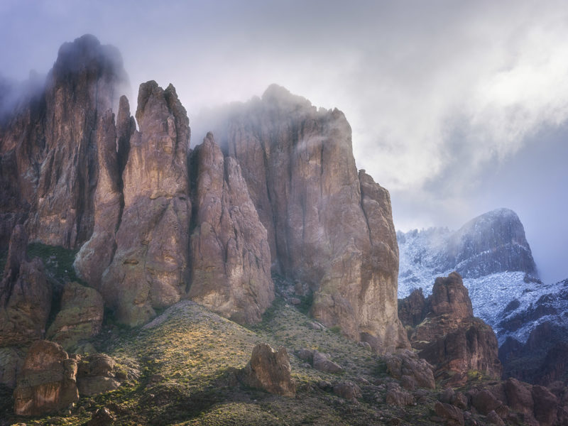 Landscape photo of Superstition Mountain in Arizona covered in snow, arizona landscape photography