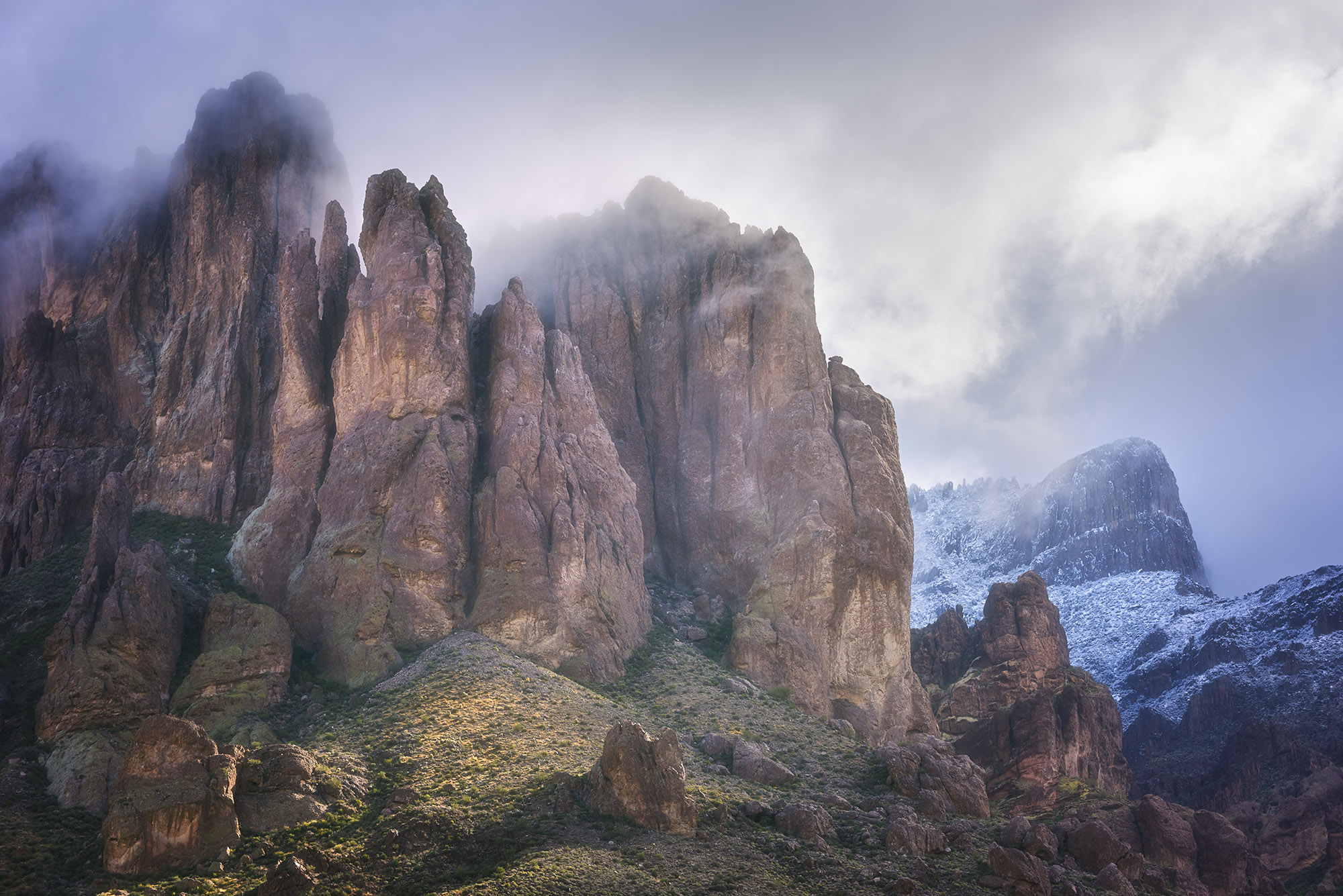 Landscape photo of Superstition Mountain in Arizona covered in snow, arizona landscape photography